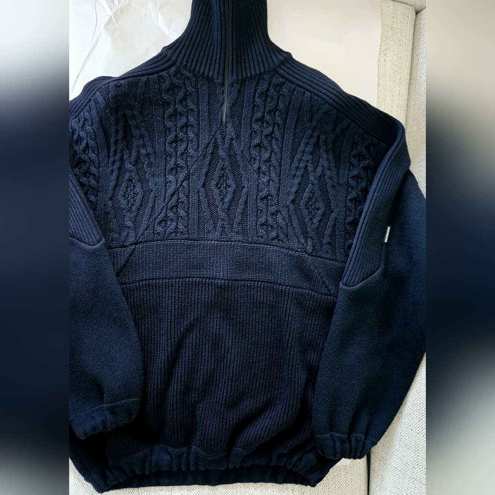 BALENCIAGA Logo Navy Zip-Up Wool Knit Oversize Sweater Made In France Size:S